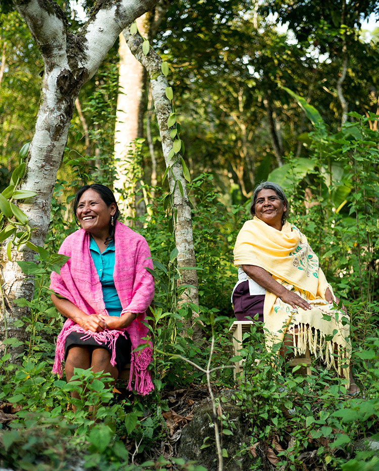Two women standing in the forest